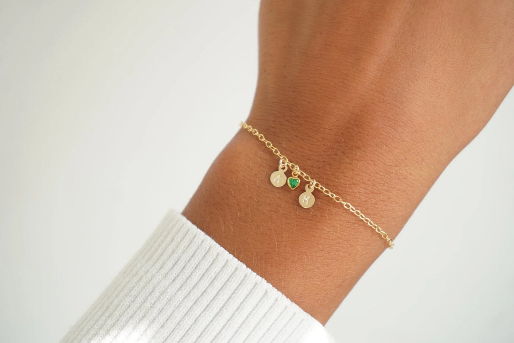 Tiny Disc Initial Birthstone Bracelet - 925 SS