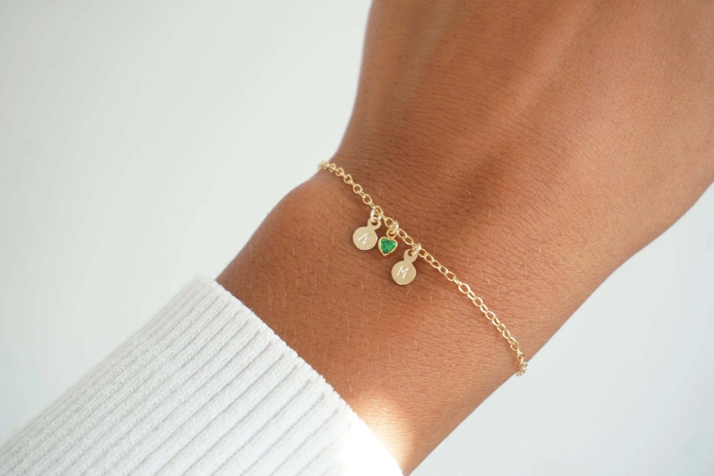 Tiny Disc Initial Birthstone Bracelet - 925 SS
