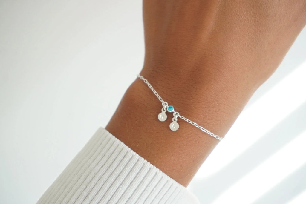 Tiny Disc Initial Birthstone Bracelet - 925 SS