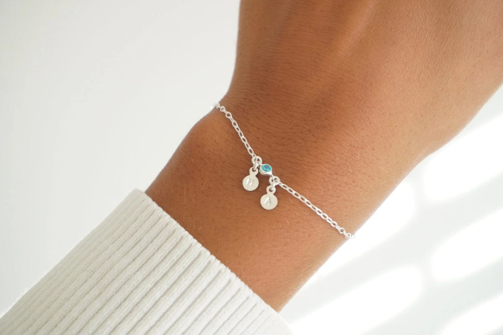 Tiny Disc Initial Birthstone Bracelet - 925 SS