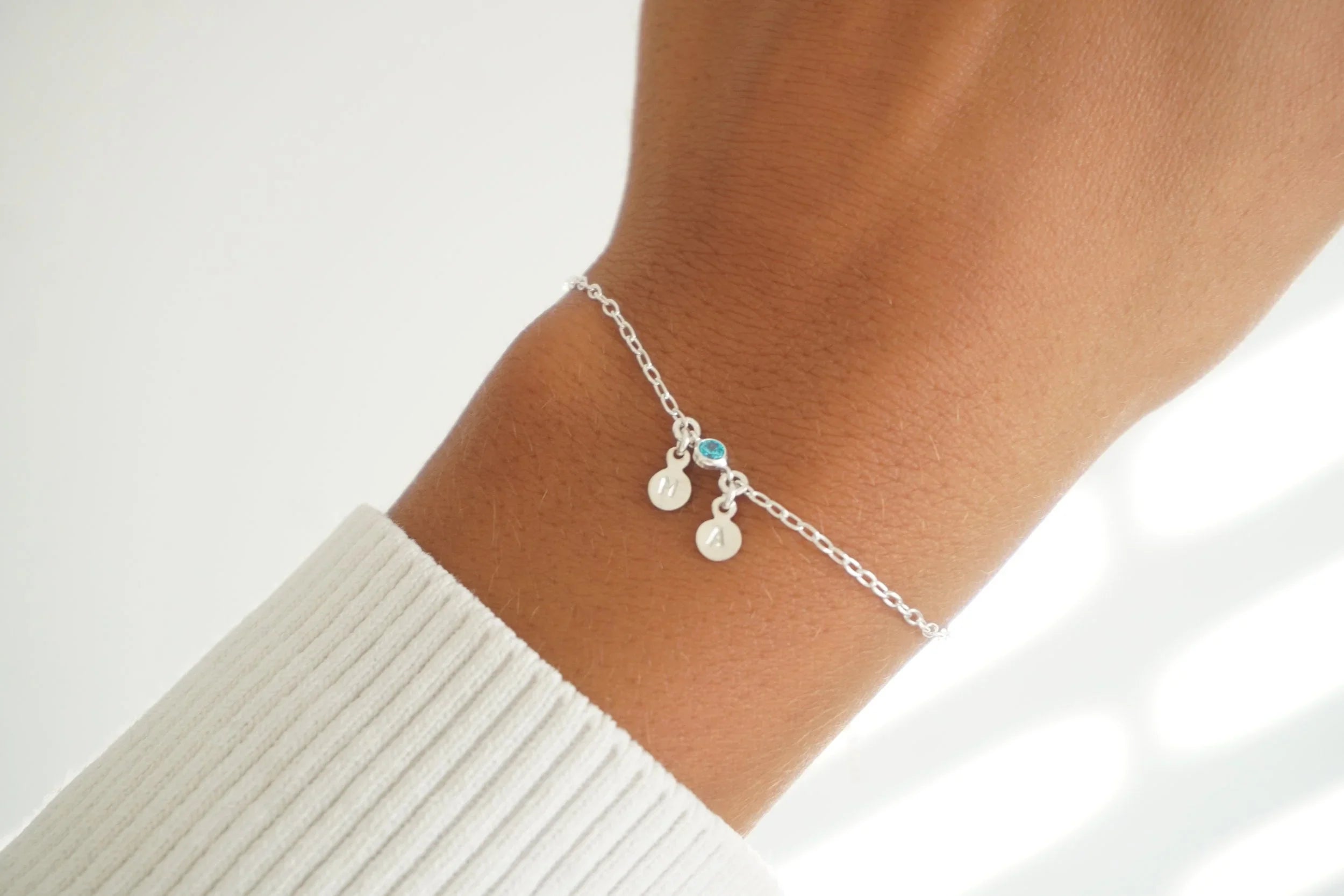 Tiny Disc Initial Birthstone Bracelet - 925 SS