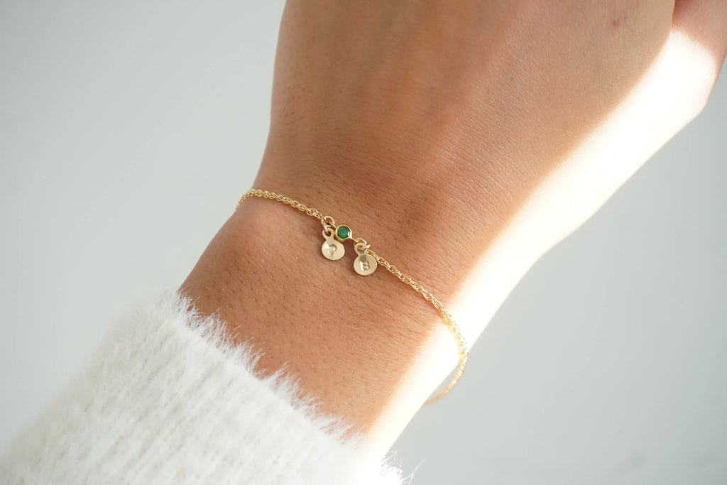 Tiny Disc Initial Birthstone Bracelet - 925 SS