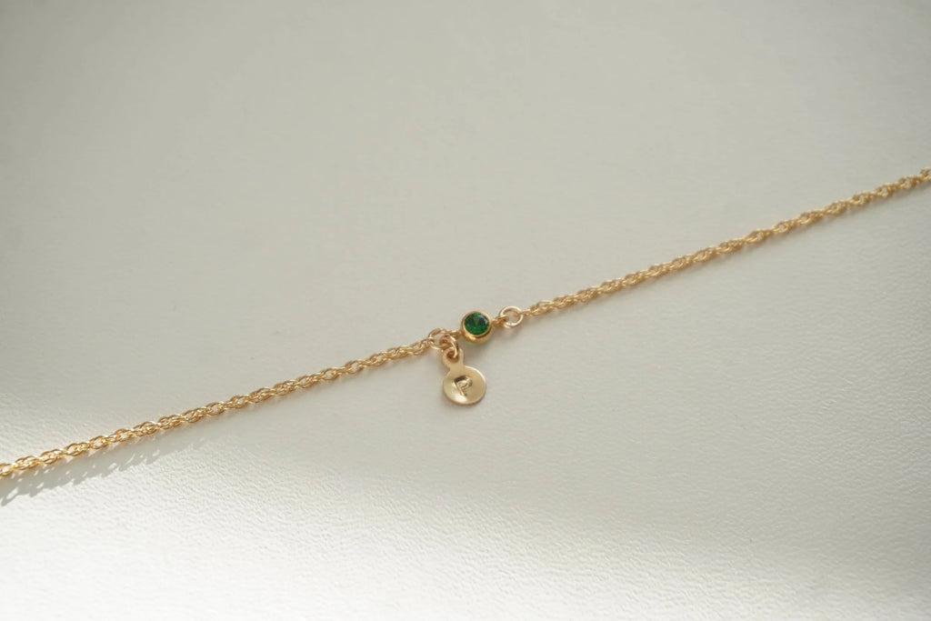 Tiny Disc Initial Birthstone Bracelet - 925 SS